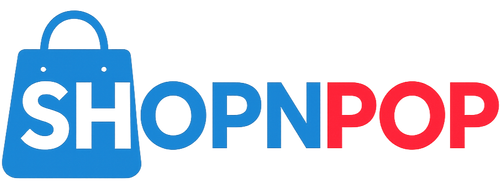 Logo of SHOPNPOP with a blue shopping bag icon on a white background
